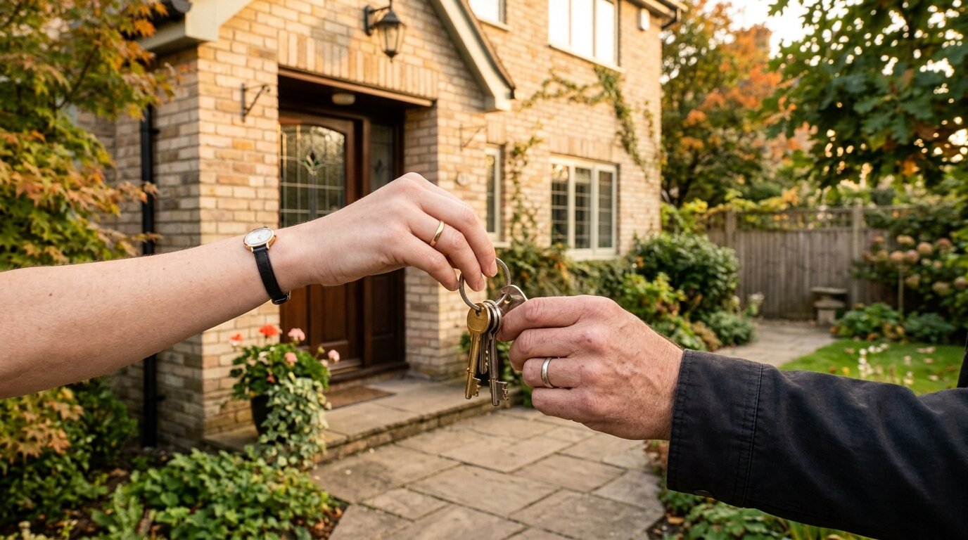 Remise de clés lors de la vente d'une maison Remise des clés d'une maison entre vendeur et acheteur lors d'une vente immobilière