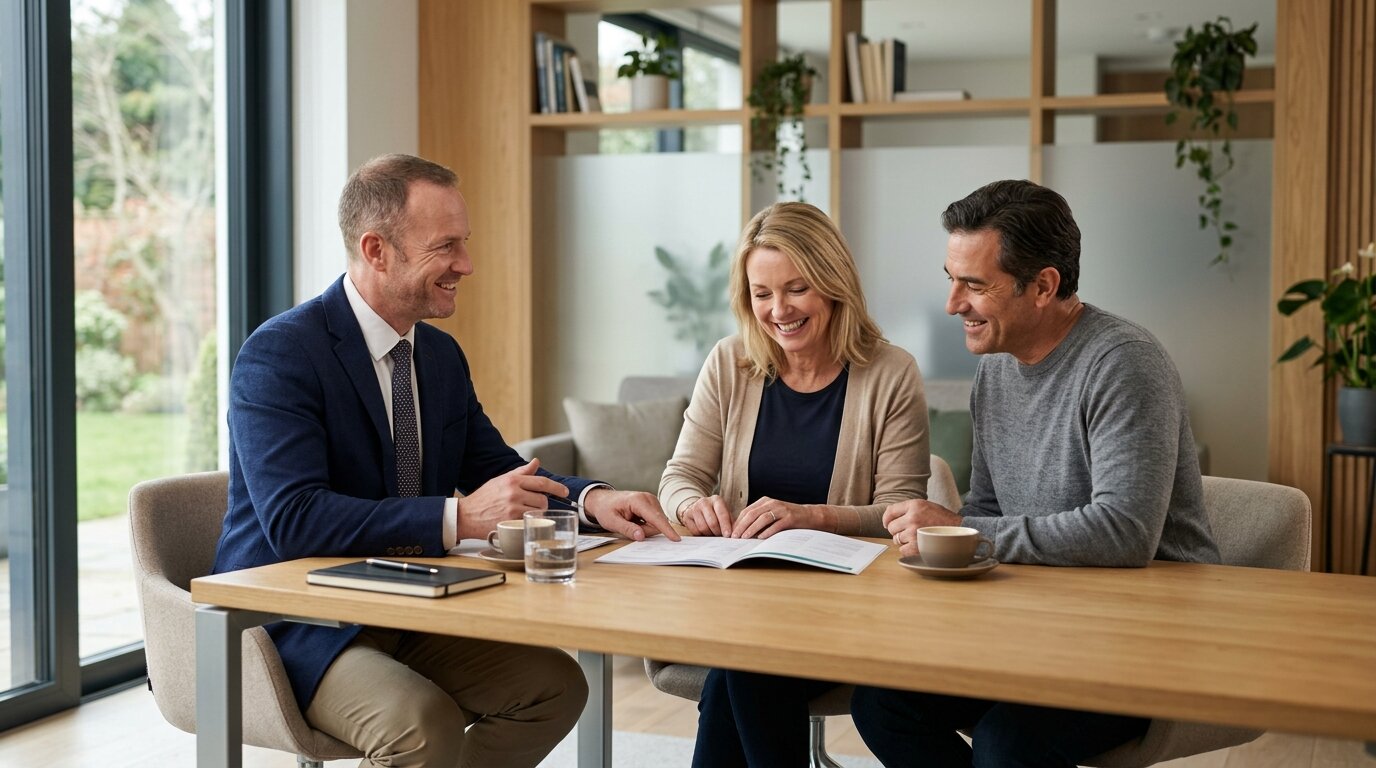 Ne pas rembourser son prêt immobilier après la vente : les risques encourus 5 Conseiller bancaire échangeant avec des clients sur des solutions de financement