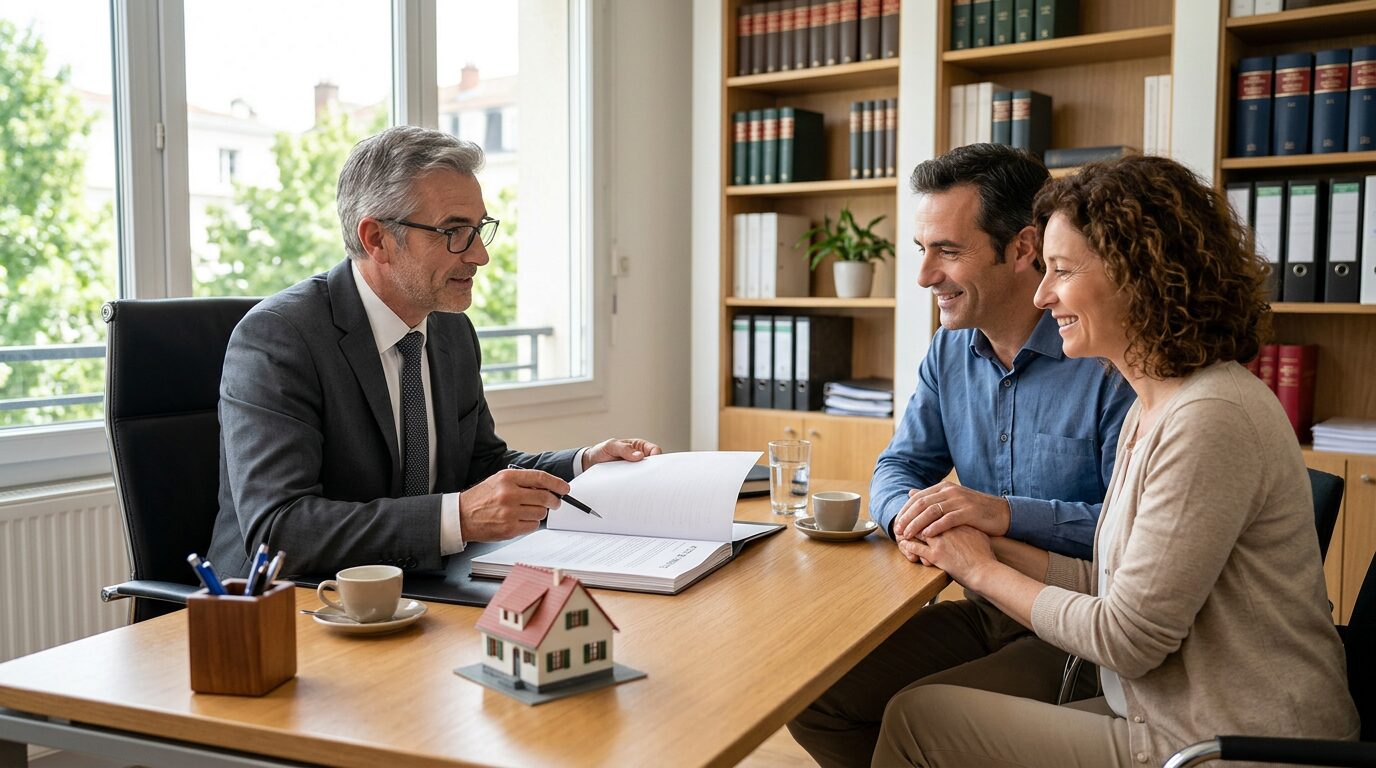 Ne pas rembourser son prêt immobilier après la vente : les risques encourus 2 Notaire présentant un document de vente immobilière à un couple de propriétaires