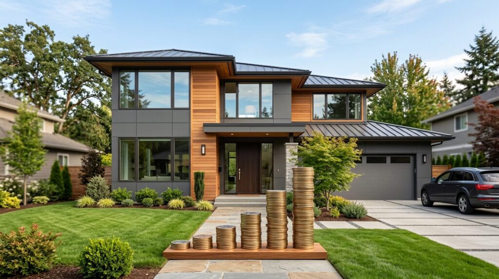 Renegociation de pret immobilier Maison residentielle avec pieces empilees symbolisant des economies
