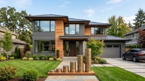 Maison residentielle avec pieces empilees symbolisant des economies