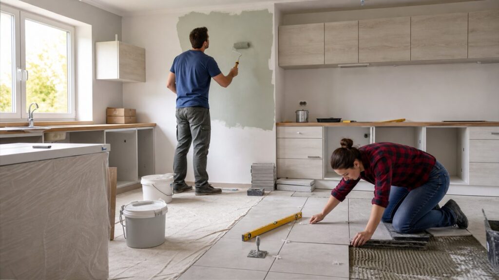 Rénovation cuisine par les propriétaires Couple rénovant une cuisine soi-même avec peinture et carrelage neufs