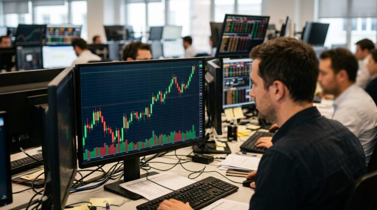 Résultats CAC 40 bourse Écran boursier affichant des variations de cours à la hausse et à la baisse