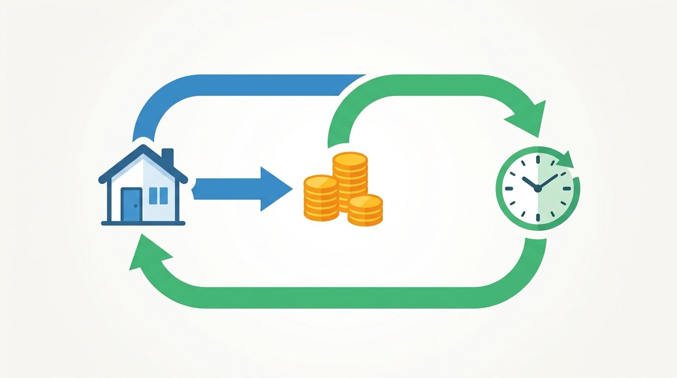 Autre solution que le prêt relais : les alternatives à connaître 2 Schéma en icônes montrant le principe de la vente temporaire avec faculté de rachat