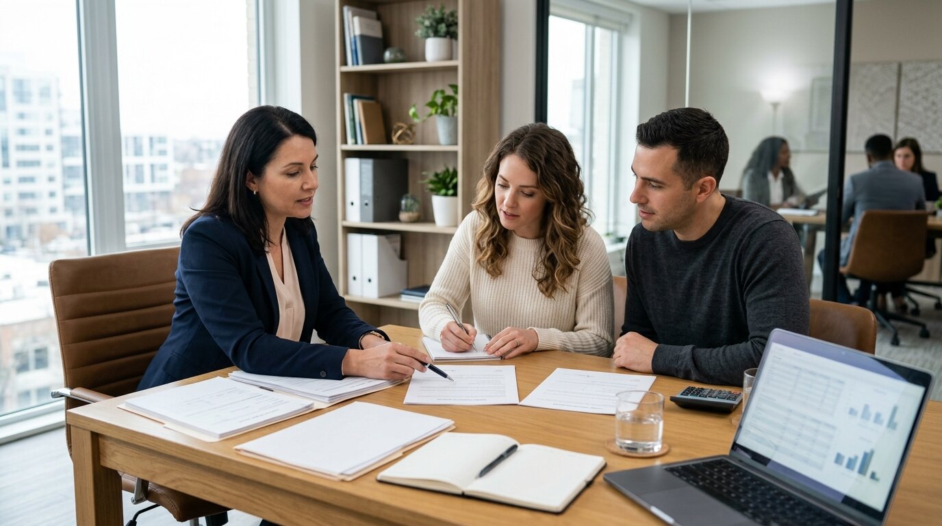 J'ai menti pour mon prêt immobilier : quels risques et que faire ? 5 Couple rencontrant un courtier pour sécuriser légalement leur dossier de prêt