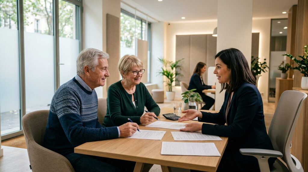 Senior emprunteur banque prêt immobilier Couple senior signant un dossier de crédit immobilier avec un conseiller