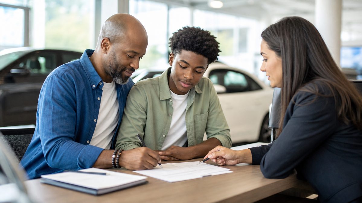 Leasing voiture sans permis : conditions, prix et pièges à éviter 2 Parent et adolescent signant un contrat de leasing avec un conseiller de concession