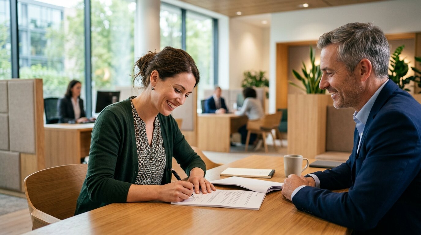 Personne signant un contrat de prêt de dix mille euros sur cinq ans en agence