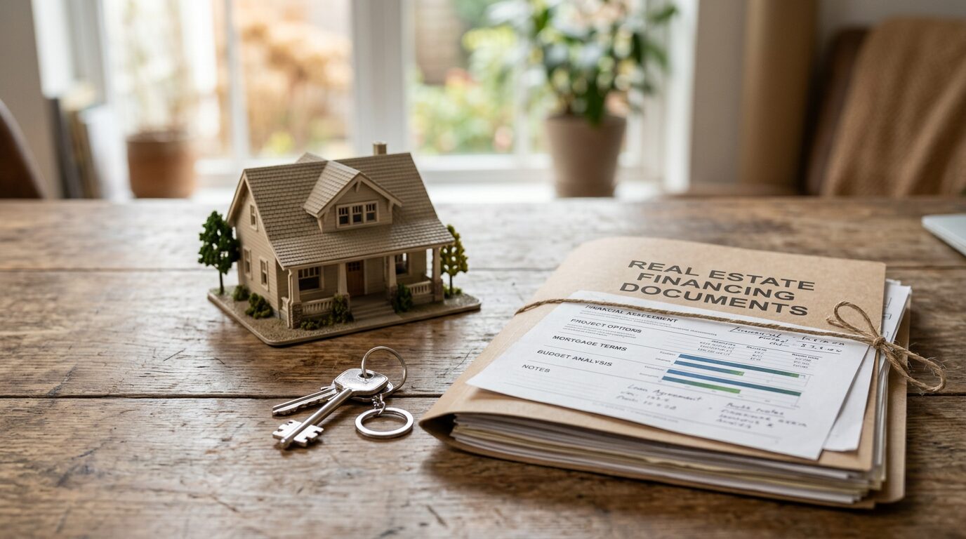 Maquette de maison avec clés et dossier de financement sur une table