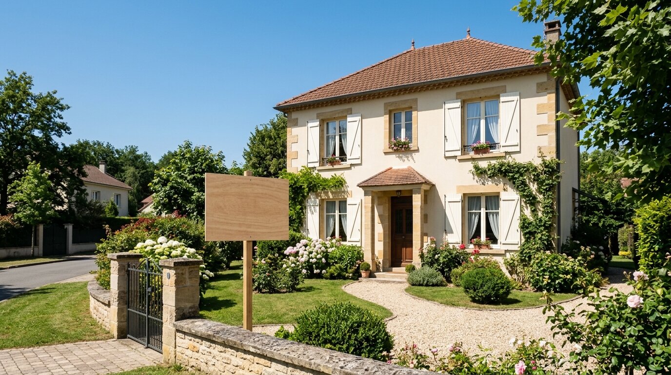 Autre solution que le prêt relais : les alternatives à connaître 4 Façade de maison avec panneau vierge dans le jardin illustrant une vente immobilière classique