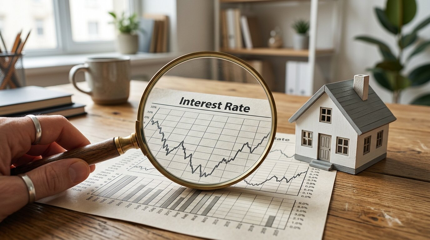Renégocier son prêt immobilier : les arguments qui convainquent votre banque 2 Loupe posee sur un graphique de taux avec une maquette de maison