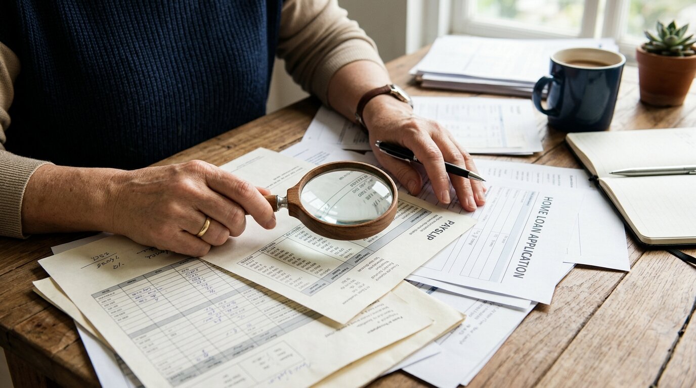 J'ai menti pour mon prêt immobilier : quels risques et que faire ? 3 Document de prêt immobilier examiné de près avec une loupe sur des justificatifs