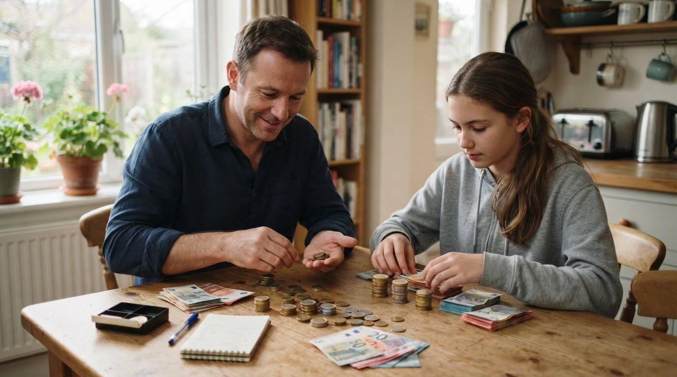 Calculer les intérêts du livret jeune Père et adolescente comptant des pièces et billets en euros sur la table de cuisine