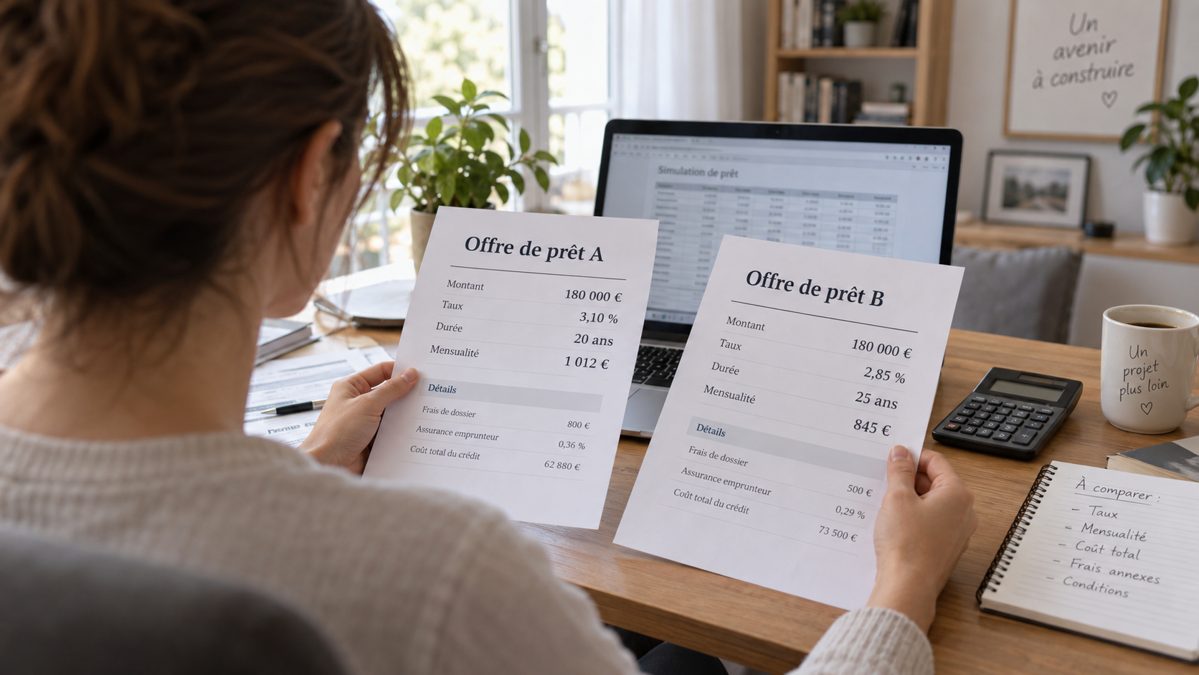 Comparaison de deux offres de prêt aidé pour un achat immobilier Personne comparant deux offres de prêt aidé pour choisir le dispositif le plus avantageux