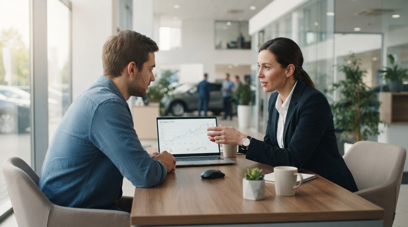 Client et conseiller comparant la valeur de rachat d'un véhicule en fin de leasing sur un ordinateur