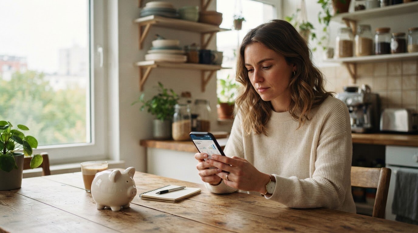 Comparer le taux du livret jeune Jeune femme consultant son épargne sur smartphone devant une tirelire dans sa cuisine