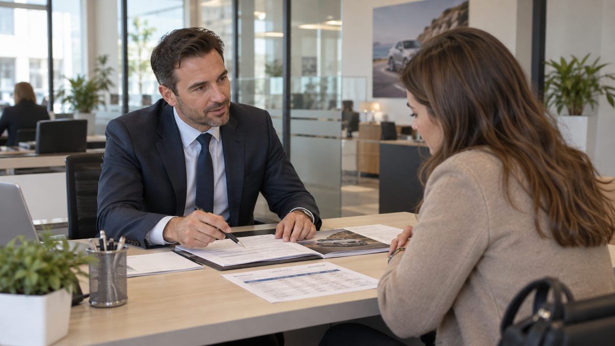 Conseiller bancaire et client étudient un financement automobile Conseiller bancaire présentant un dossier de crédit auto à un client