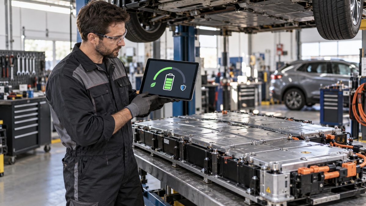 Contrôle batterie voiture électrique occasion Technicien vérifiant l'état de santé d'une batterie de voiture électrique d'occasion