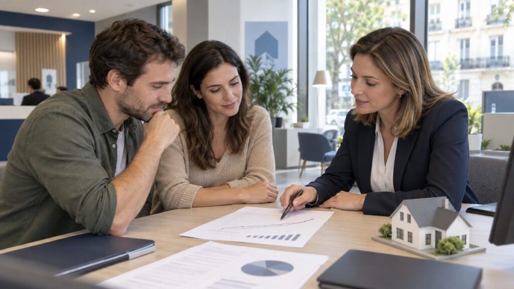 Couple avec un conseiller bancaire face au retournement des taux 2027 Couple et conseiller bancaire consultant un comparatif de taux de crédit immobilier