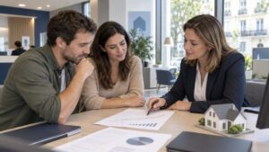 Couple et conseiller bancaire consultant un comparatif de taux de crédit immobilier