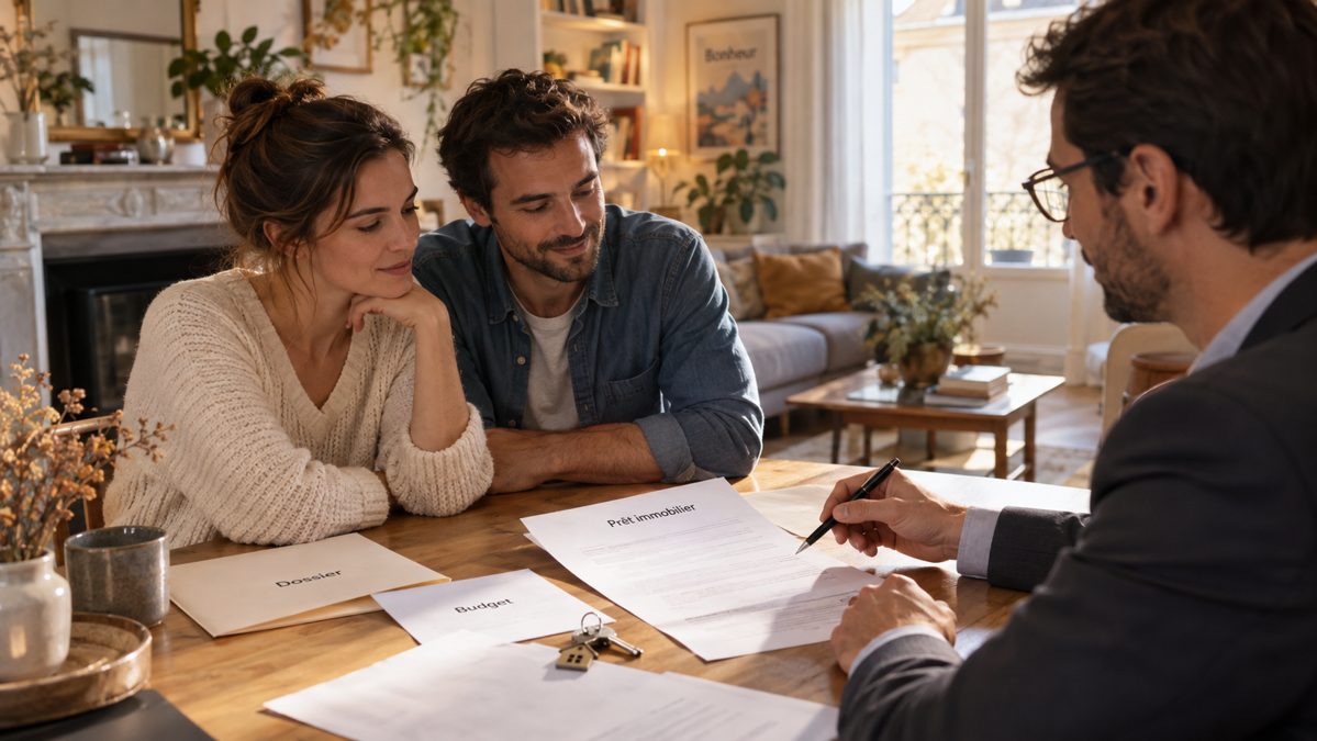 Couple étudiant son financement immobilier avec un conseiller Couple consultant un conseiller pour financer sa résidence principale avec un prêt à taux zéro