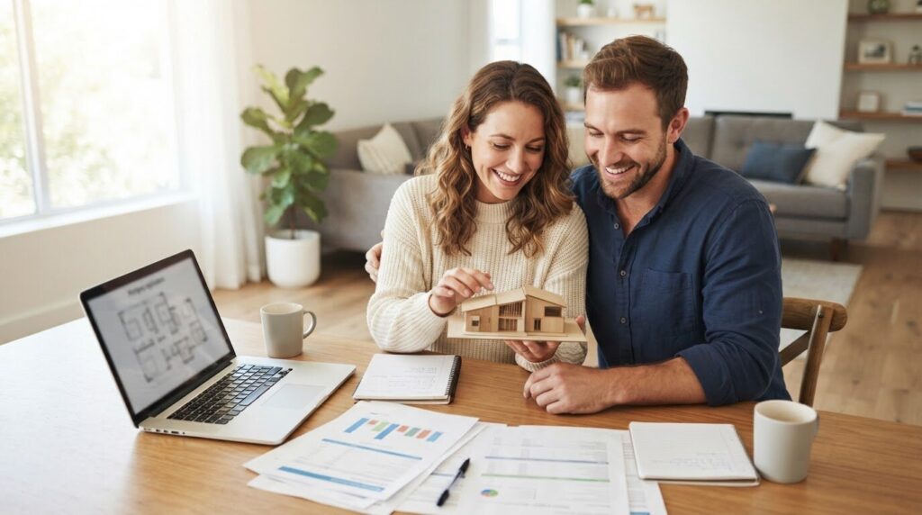 Couple primo-accédant préparant son dossier de crédit immobilier Couple préparant son dossier de crédit immobilier pour un premier achat