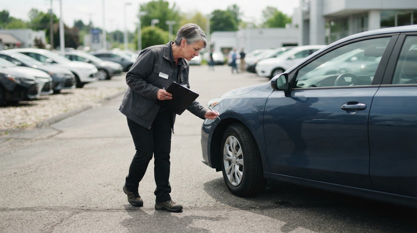 Expert automobile réalisant un état des lieux extérieur avant la restitution d'un véhicule en leasing