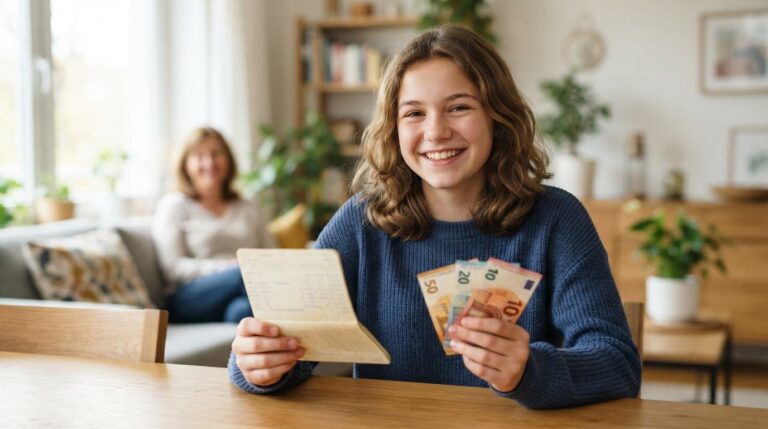 Adolescent souriant tenant un livret d'épargne et quelques billets dans le salon familial