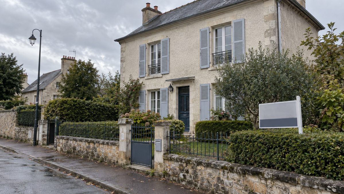 Marché de l'immobilier ancien en recul Maison avec un panneau à vendre dans une rue résidentielle