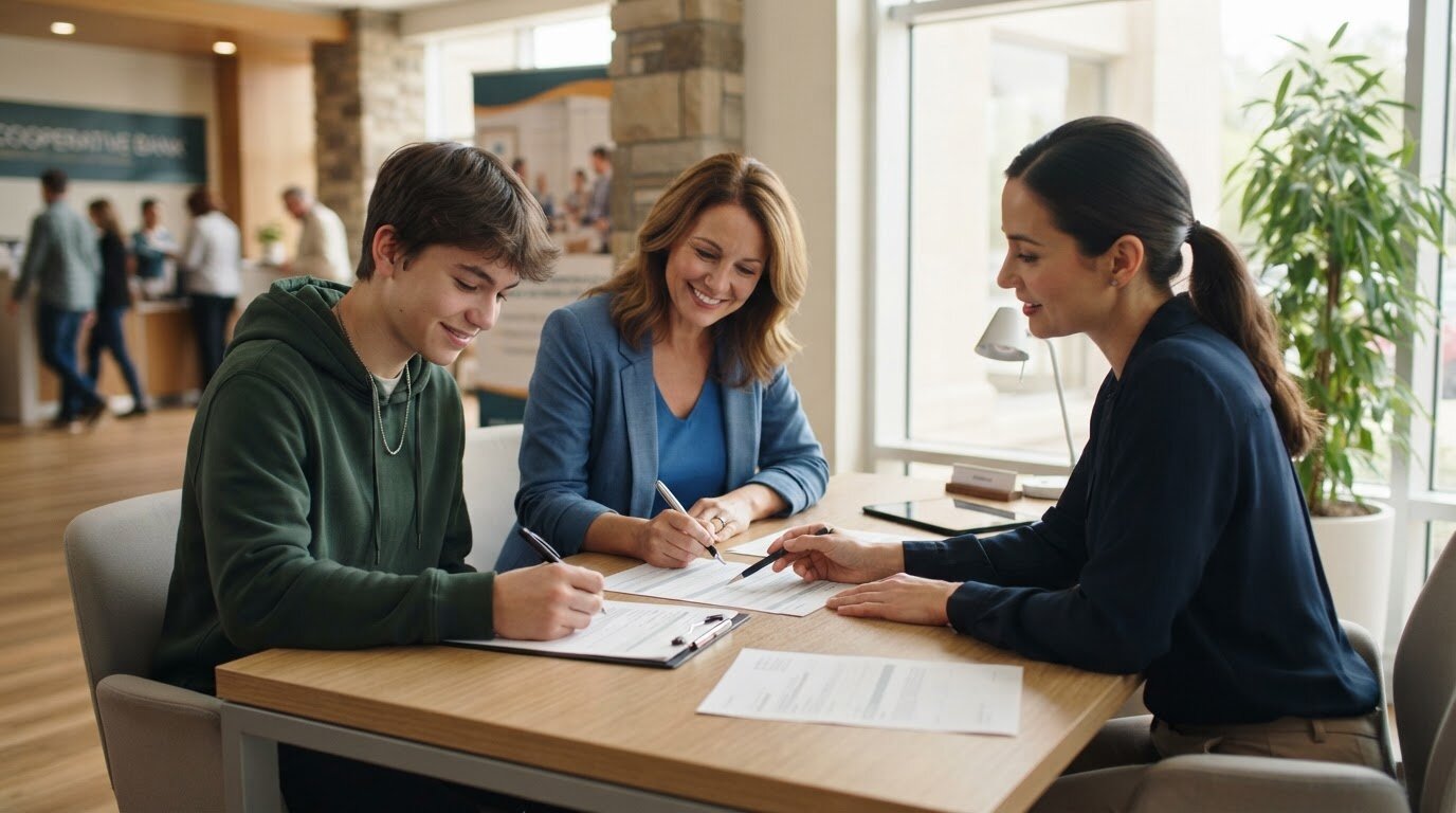 Ouverture livret jeune en agence Adolescent et parent signant l'ouverture d'un livret jeune face à un conseiller en agence