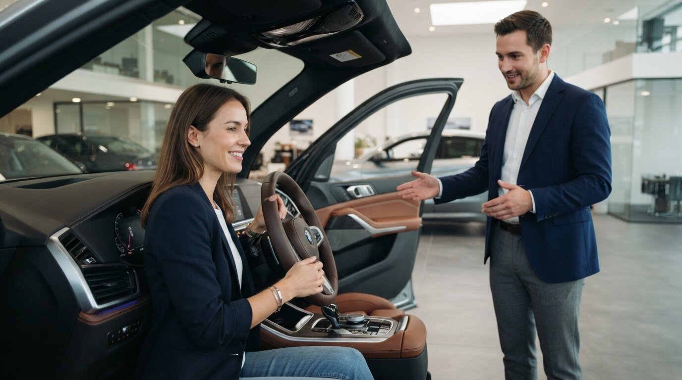 Conducteur découvrant un nouveau véhicule en showroom pour reconduire son contrat de leasing