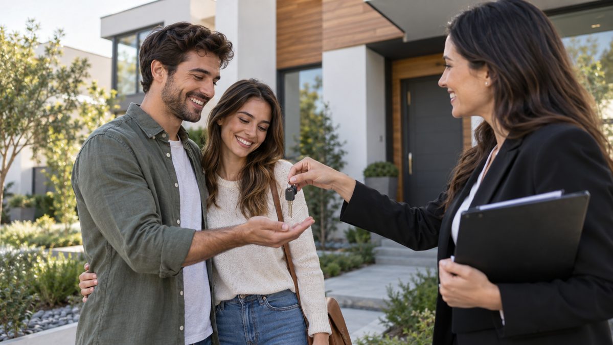 PTZ 2026 pour un logement neuf Jeune couple recevant les clés d'un logement neuf