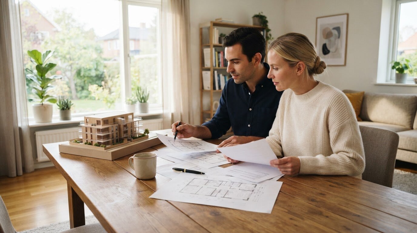 Associés étudiant un projet locatif en SCI Deux associés étudiant les documents d'un projet d'investissement locatif en SCI