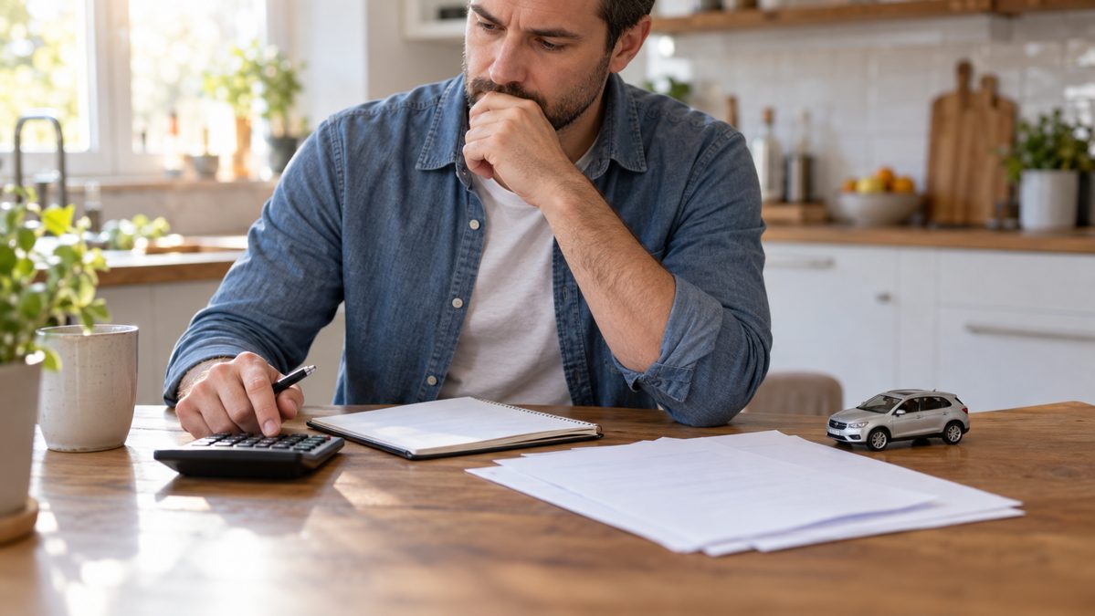 Calcul du coût d'un courtier Homme calculant le coût total d'un crédit auto avec frais de courtage