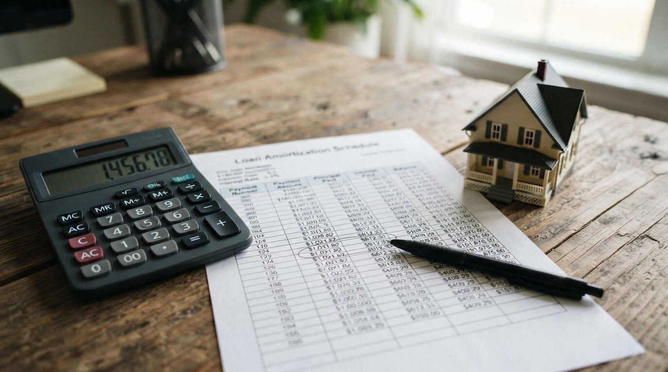 Calcul du surcoût mensuel d'une surprime Calculatrice et tableau d'amortissement de prêt avec une mensualité entourée au stylo
