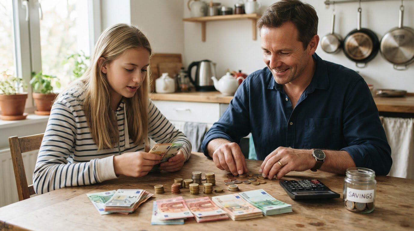 Père et adolescente comptant des pièces et billets en euros sur une table de cuisine avec une calculatrice