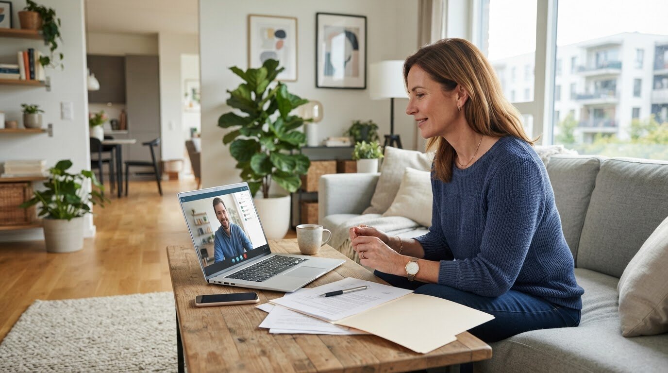Changer d'assurance de prêt depuis son salon Femme en visioconférence avec un conseiller pour changer son assurance de prêt immobilier