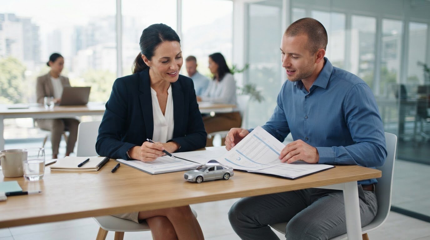 Dirigeante et conseiller comparant deux propositions de contrat de leasing sur un bureau