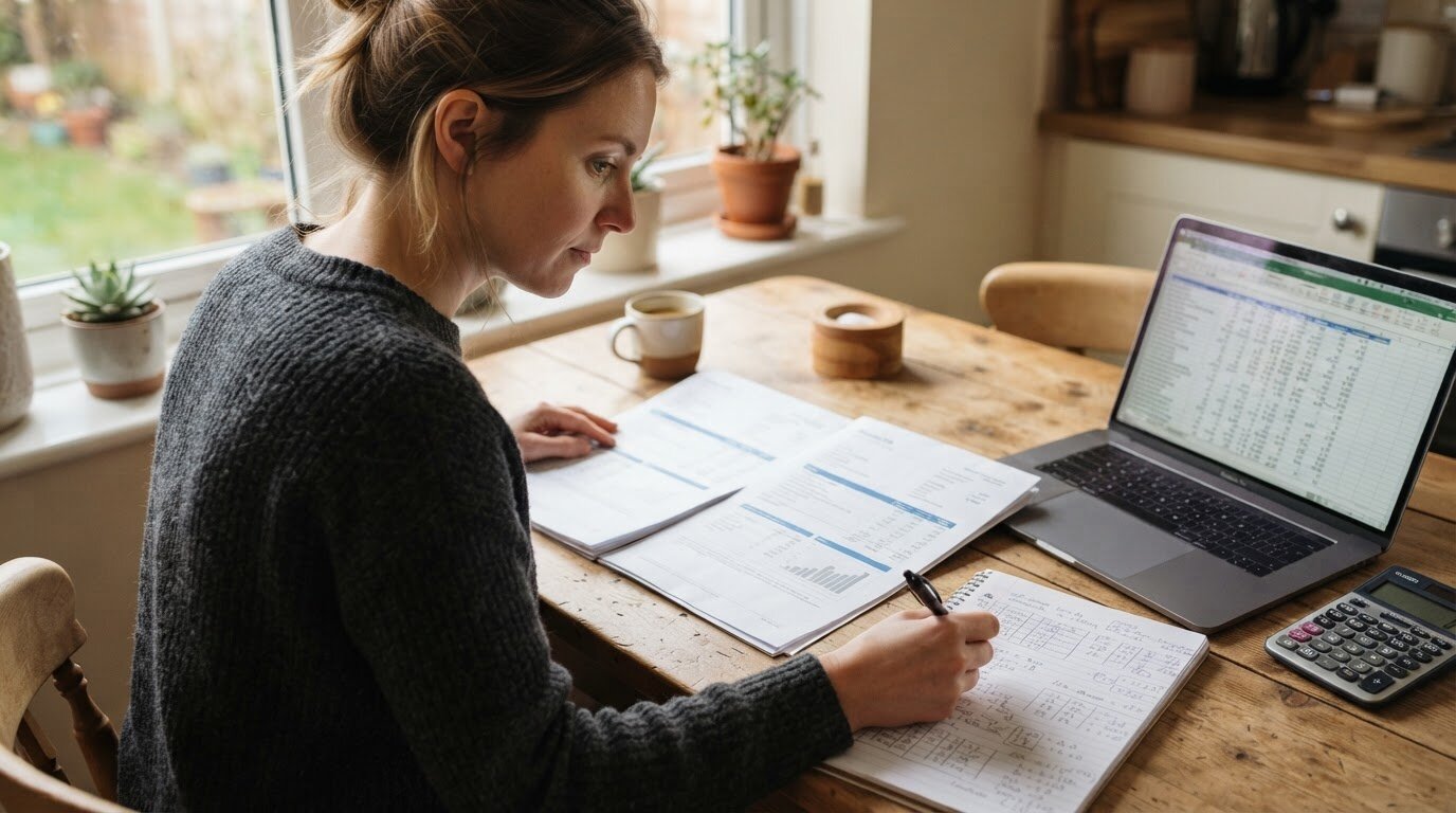 Comparaison de deux devis d'assurance emprunteur Emprunteur comparant deux devis d'assurance avec une calculatrice sur une table de cuisine
