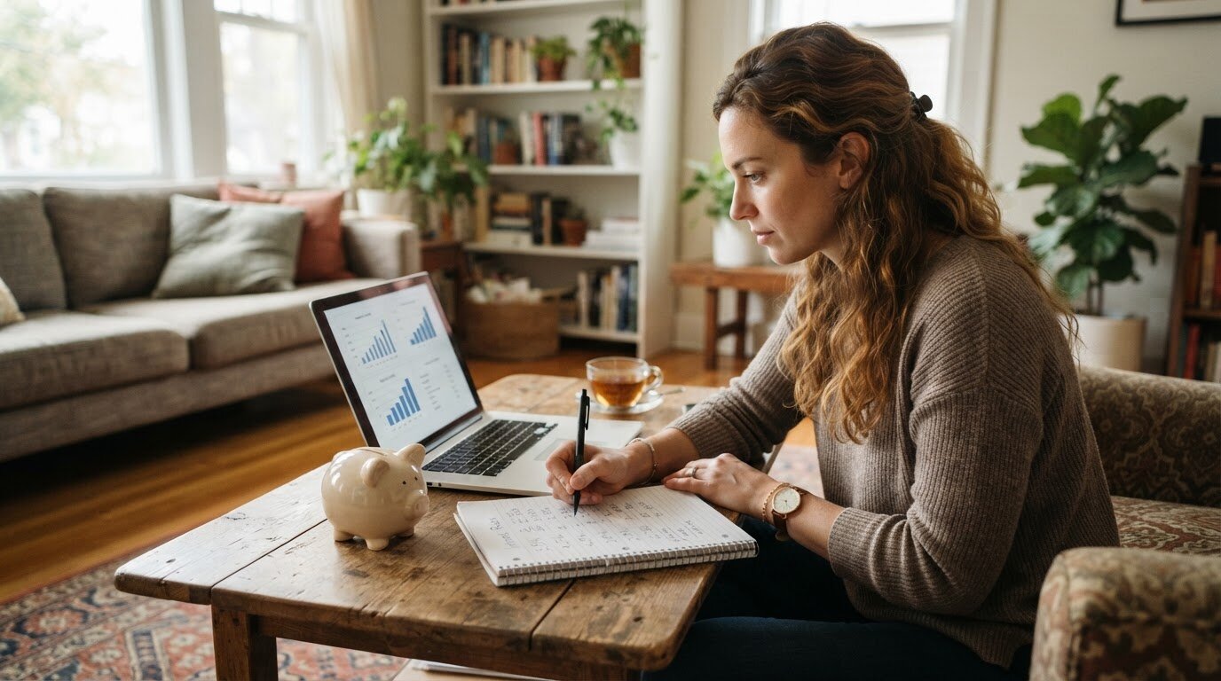 Jeune femme comparant des taux d'épargne sur un ordinateur portable avec une tirelire sur la table