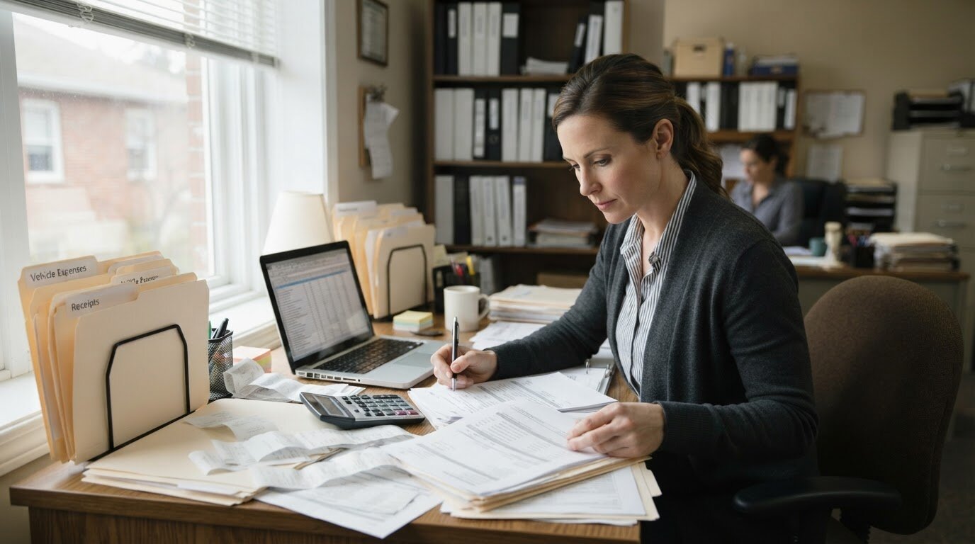 Expert-comptable examinant des documents de charges de véhicule avec ordinateur et calculatrice