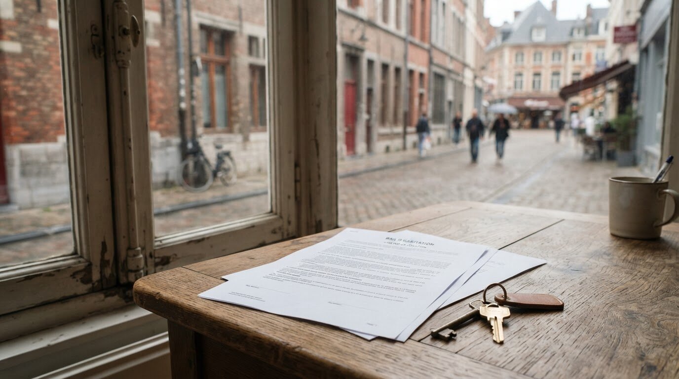 Contrat de bail et clés posés près d'une fenêtre donnant sur une rue de Lille