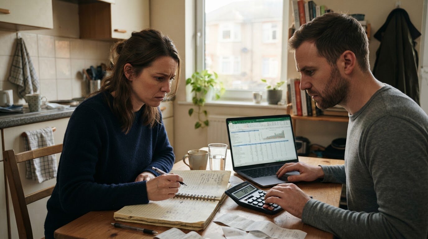 Couple calculant la trésorerie d'un bien locatif Couple calculant la trésorerie mensuelle d'un appartement mis en location