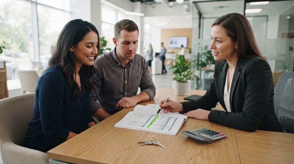 Couple examinant une proposition d'assurance de prêt Couple face à un conseiller bancaire étudiant le détail d'une proposition d'assurance de prêt immobilier