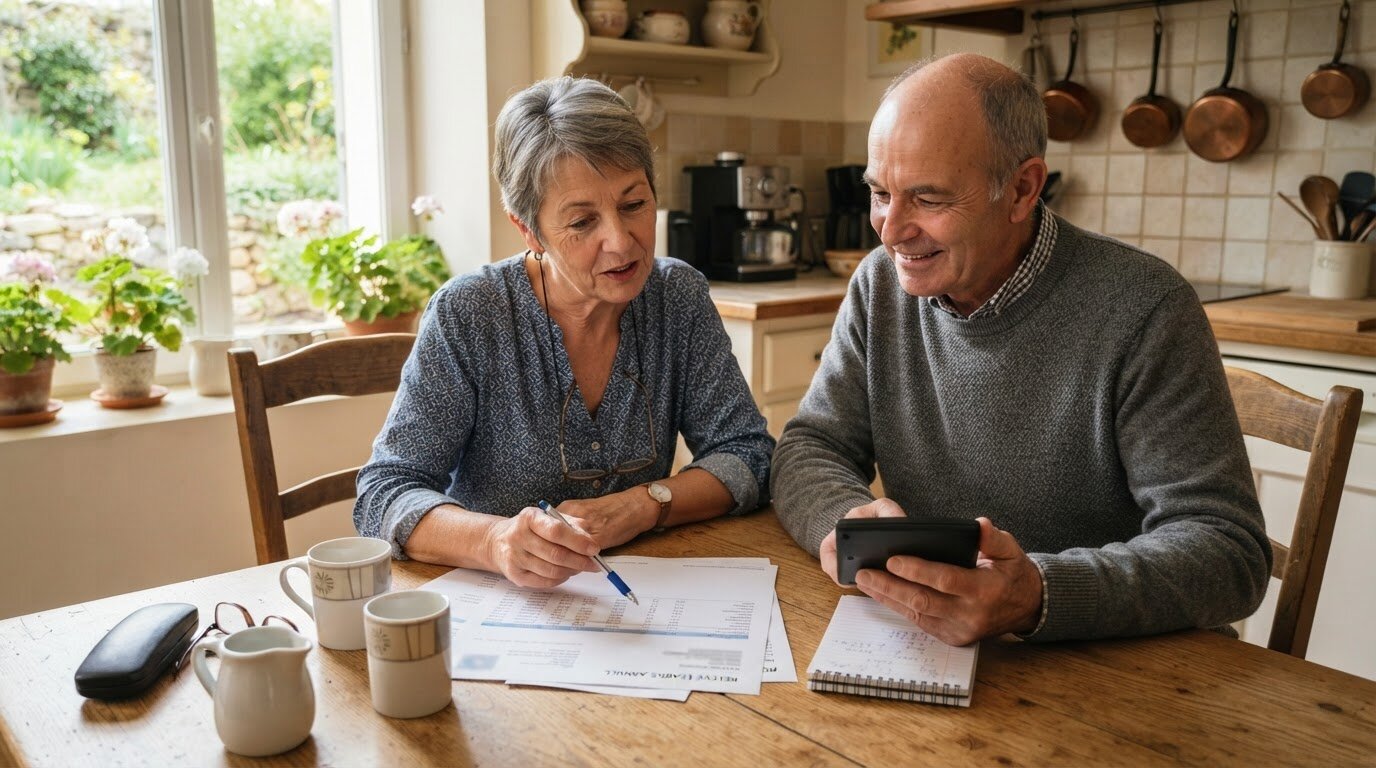 Couple examinant à la table de la cuisine le relevé annuel de son contrat d'épargne