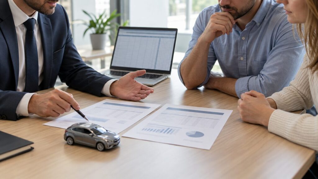 Courtier comparant des offres de crédit auto Conseiller et couple comparant deux offres de crédit auto sur un bureau