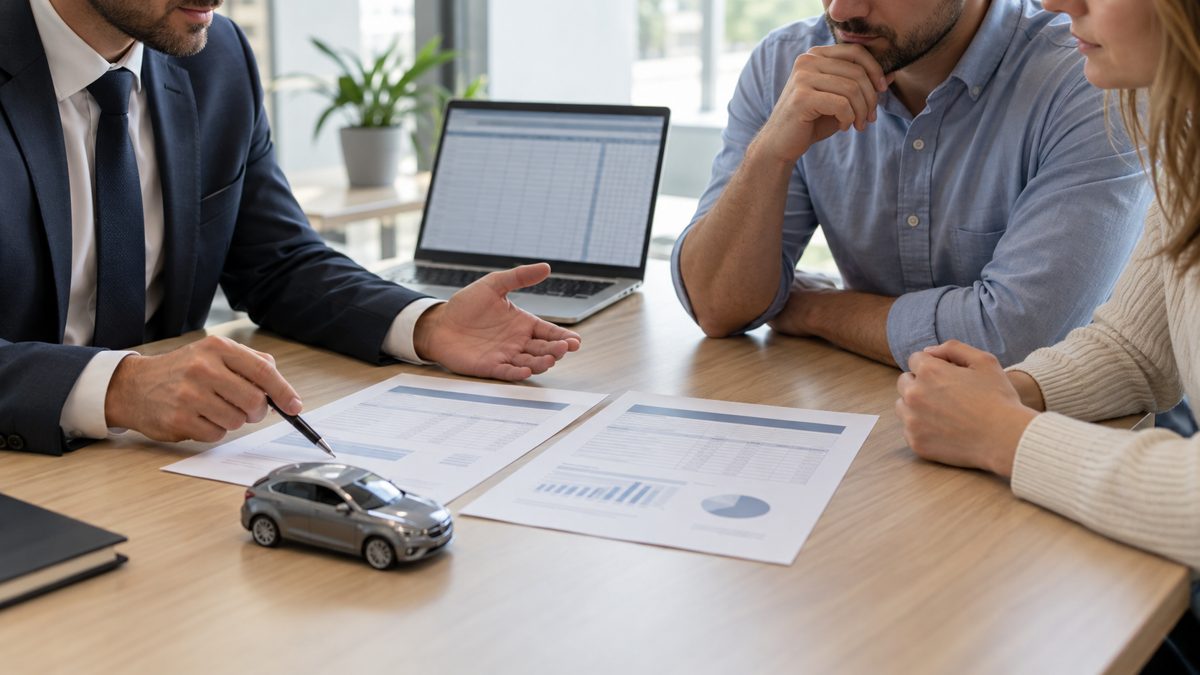 Conseiller et couple comparant deux offres de crédit auto sur un bureau