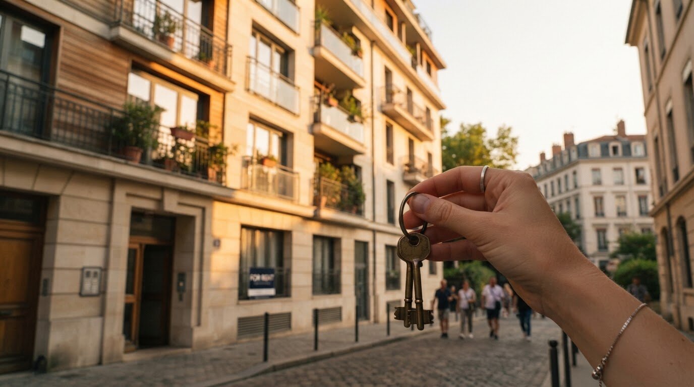 Façade d'un immeuble locatif détenu par une SCI et clés d'appartement en main