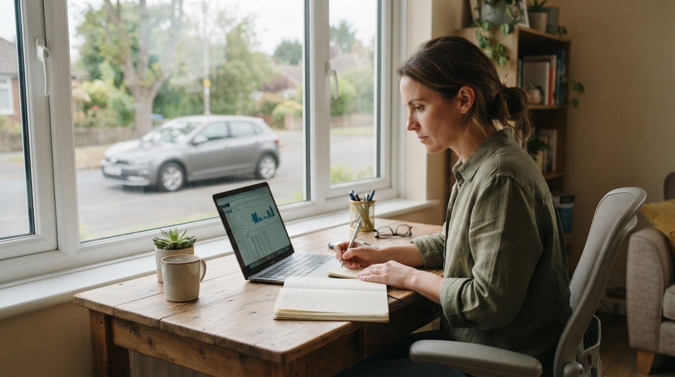Consultant indépendant à son bureau à domicile avec une voiture garée visible par la fenêtre