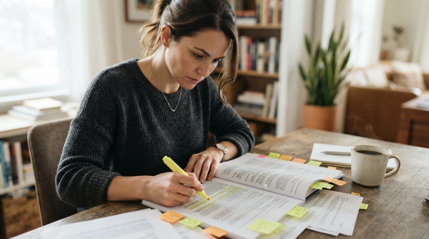 Lecture attentive d'une proposition d'assurance Personne surlignant les garanties et exclusions d'un contrat d'assurance de prêt
